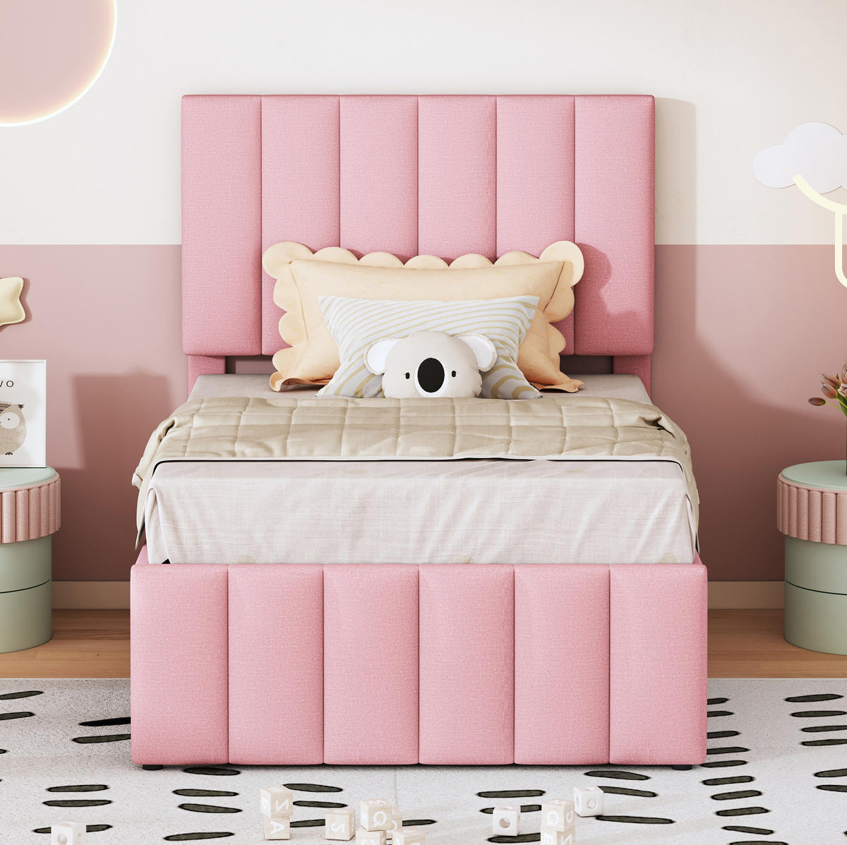 POLSTERBETT 90/200 cm Rosa mit Rollbett, 3 Schubladen & verstellbarem Kopfteil - Pink, Textil (90/200cm) - BEAOK