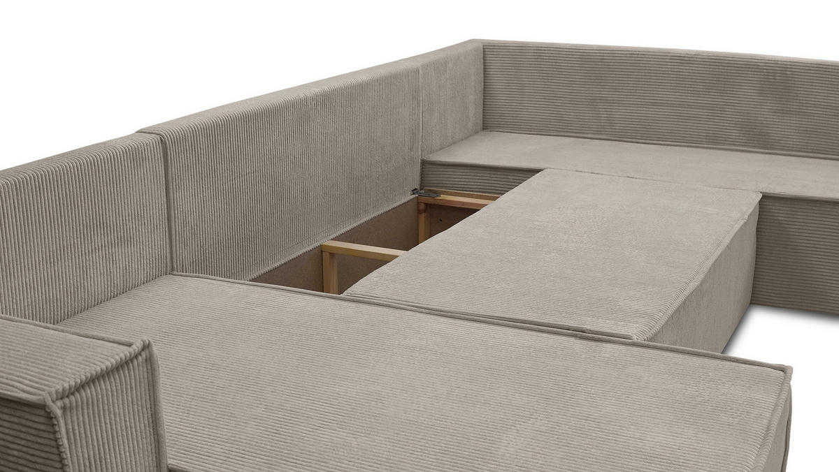 WOHNLANDSCHAFT Lovere U Beige 314/217/90 cm – Womit Schlaffunktion und Bettkasten - Beige/Silberfarben, Textil/Metall (314/90/217cm) - AX Living