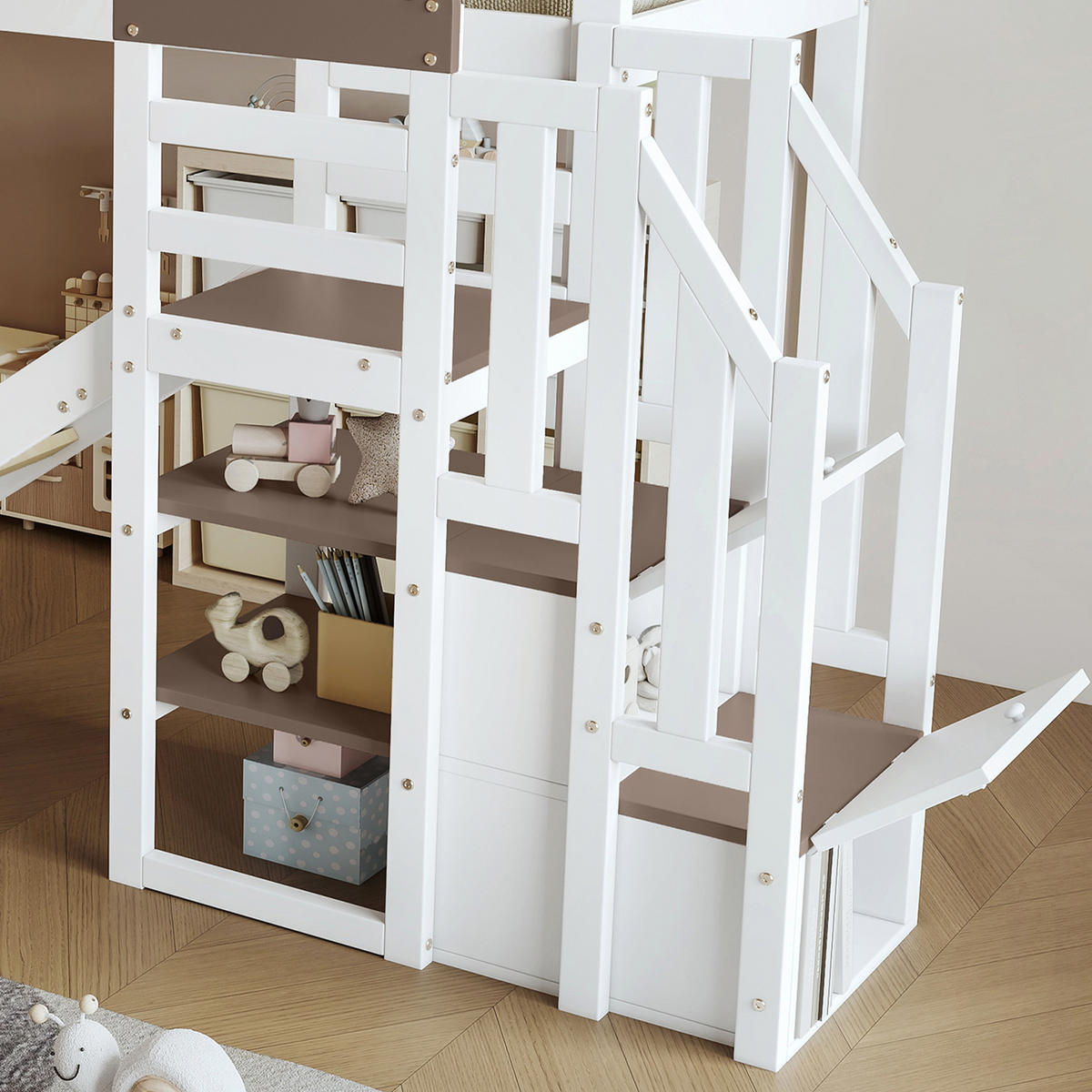 ETAGENBETT 90/200 cm Weiß mit Rutsche und Stauraum aus Kiefer und MDF - Weiß, Holzwerkstoff (90/200cm) - OKWISH