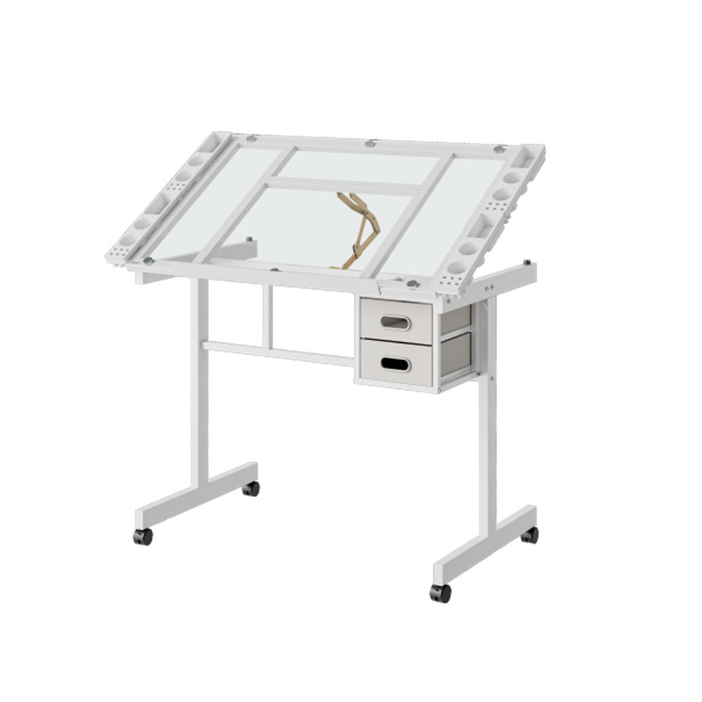ZEICHENTISCH DE-37316 neigbar mit Glasplatte und Rollen und Stoffschubladen Weiß - Weiß, Metall (60/103/78cm) - ComfortXL