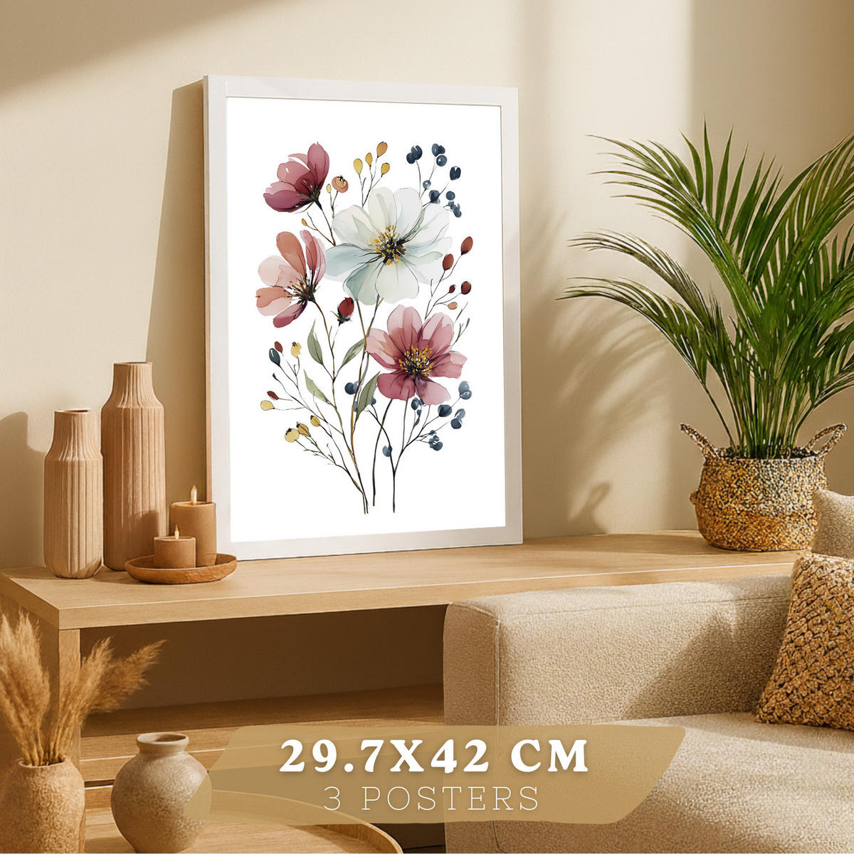 PLAKAT Sada 3 akvarelových květinových obrazů. Dekorativní nástěnné tisky barevných květin. Obrazy divokých květin. Velikost Bílý rám A3 - bílá, papír (29.7/42/3cm) - Nacnic