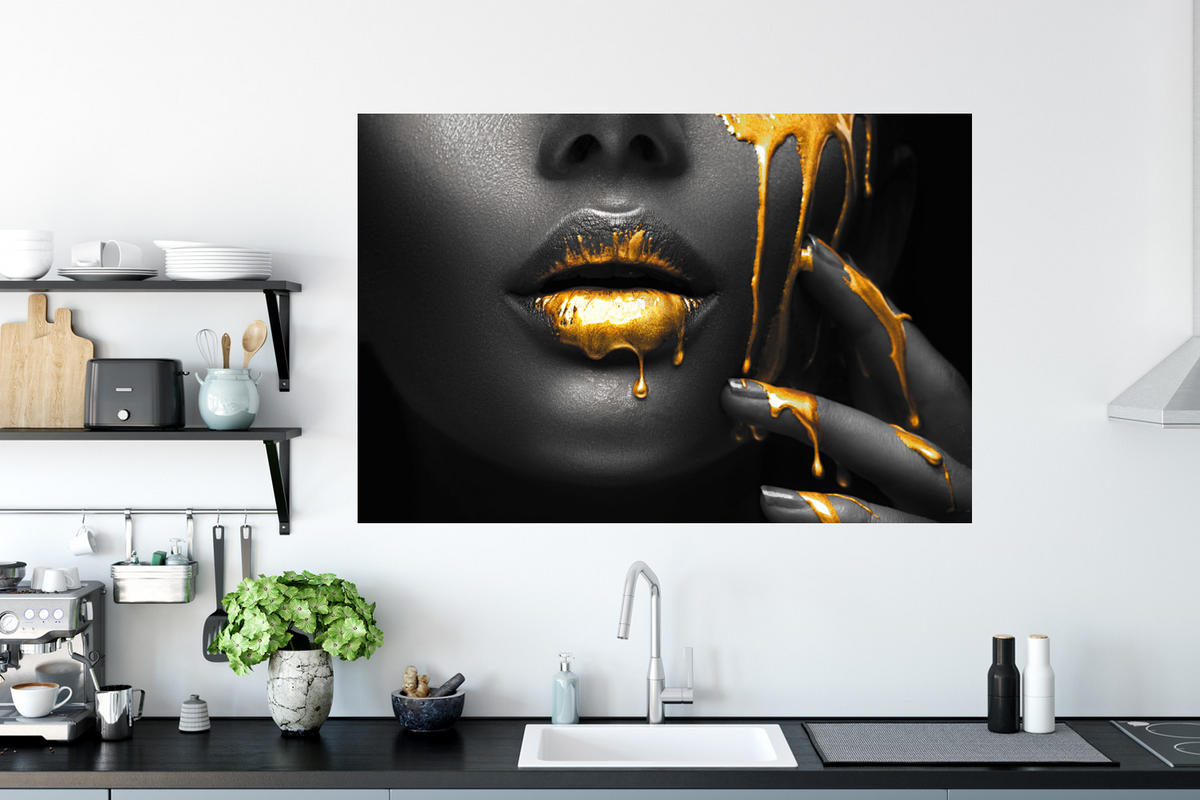 WANDTATTOO Frau - Schwarz - Gold - Gesicht - Lippen 120x80 cm - Goldfarben, Kunststoff (120/80/0.1cm) - MuchoWow