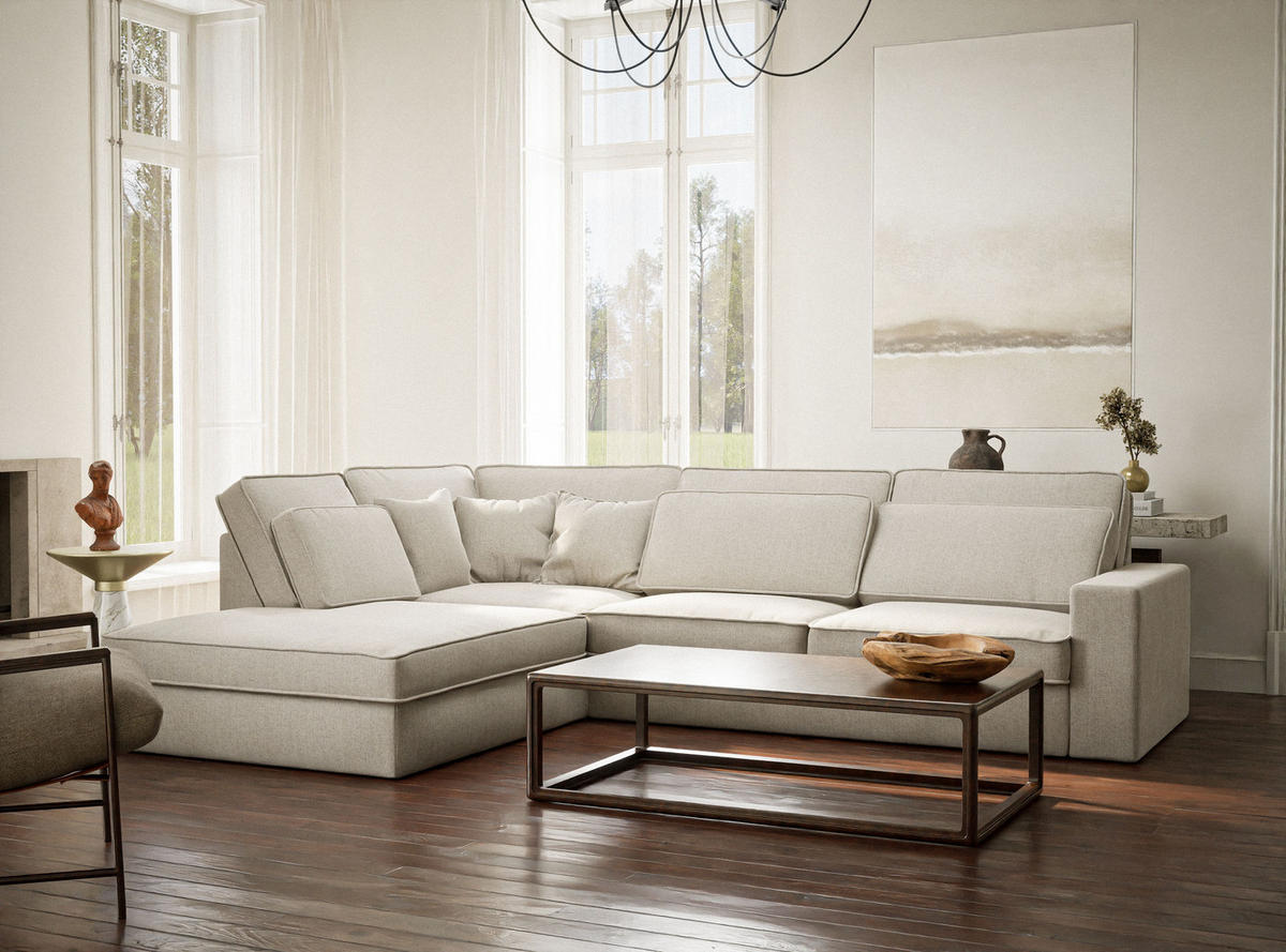 ECKSOFA Kirou Hellbeige Webstoff - Links Seite - Creme/Schwarz, Holz/Holzwerkstoff (225/311cm) - Maison de Reve