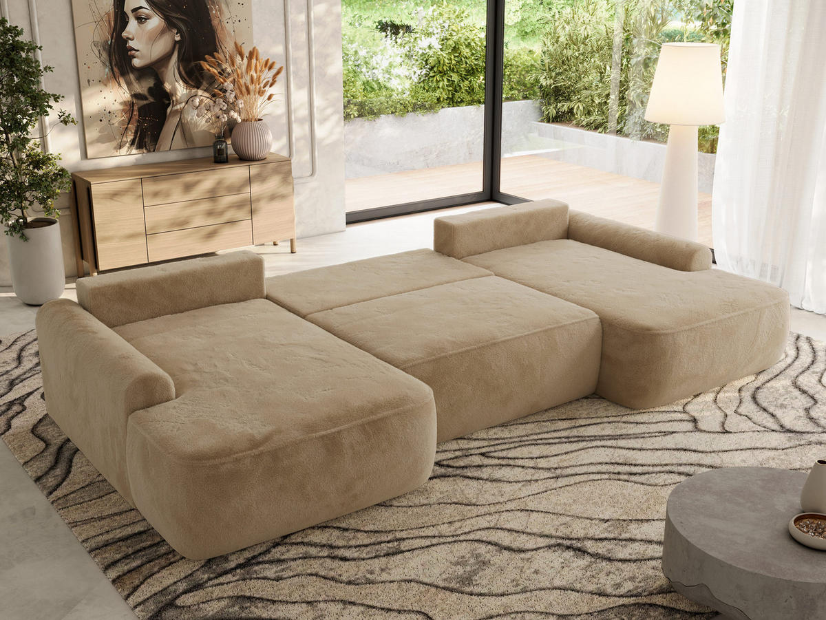 WOHNLANDSCHAFT CUBO U Beige Plüsch - Beige/Schwarz, Kunststoff/Textil (370/100/187cm) - MKS