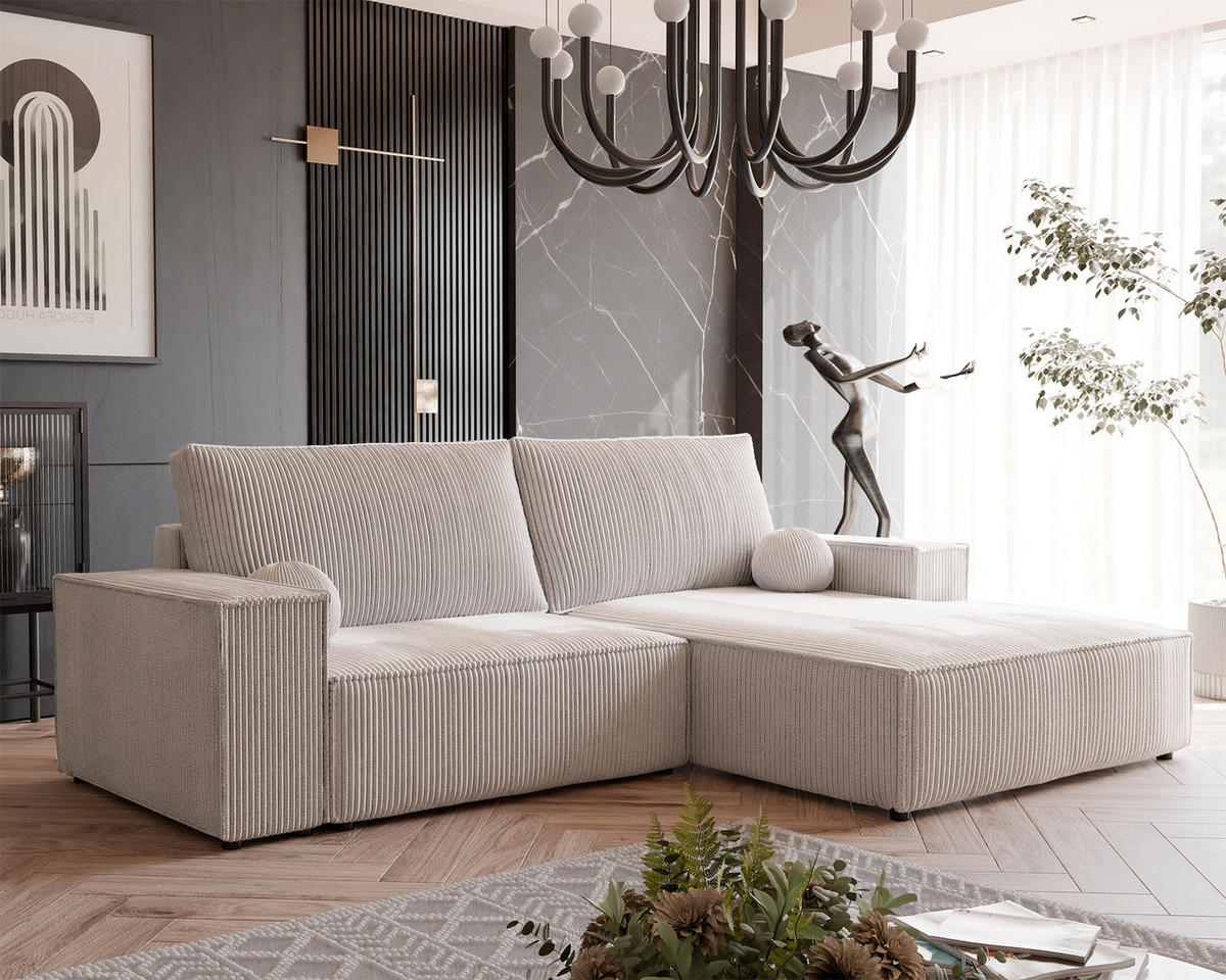 ECKSOFA HUGO Rechts, mit Schlaffunktion und Bettkasten, Creme - Creme, Textil (255/148cm) - Idohome