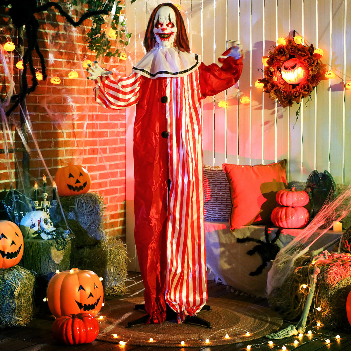 HALLOWEEN-DEKORATION Clown 165 cm mit LED-Lichter, Soundfunktion - Rot, Textil (16/165/70cm) - Outsunny