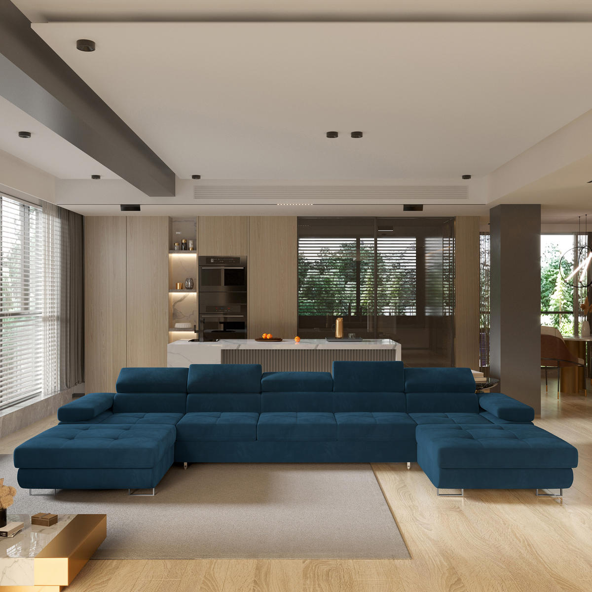 ROHOVÁ SEDAČKA OMBRA modrá - modrá/stříbrná, kov/dřevo (425/202cm) - MASSENO