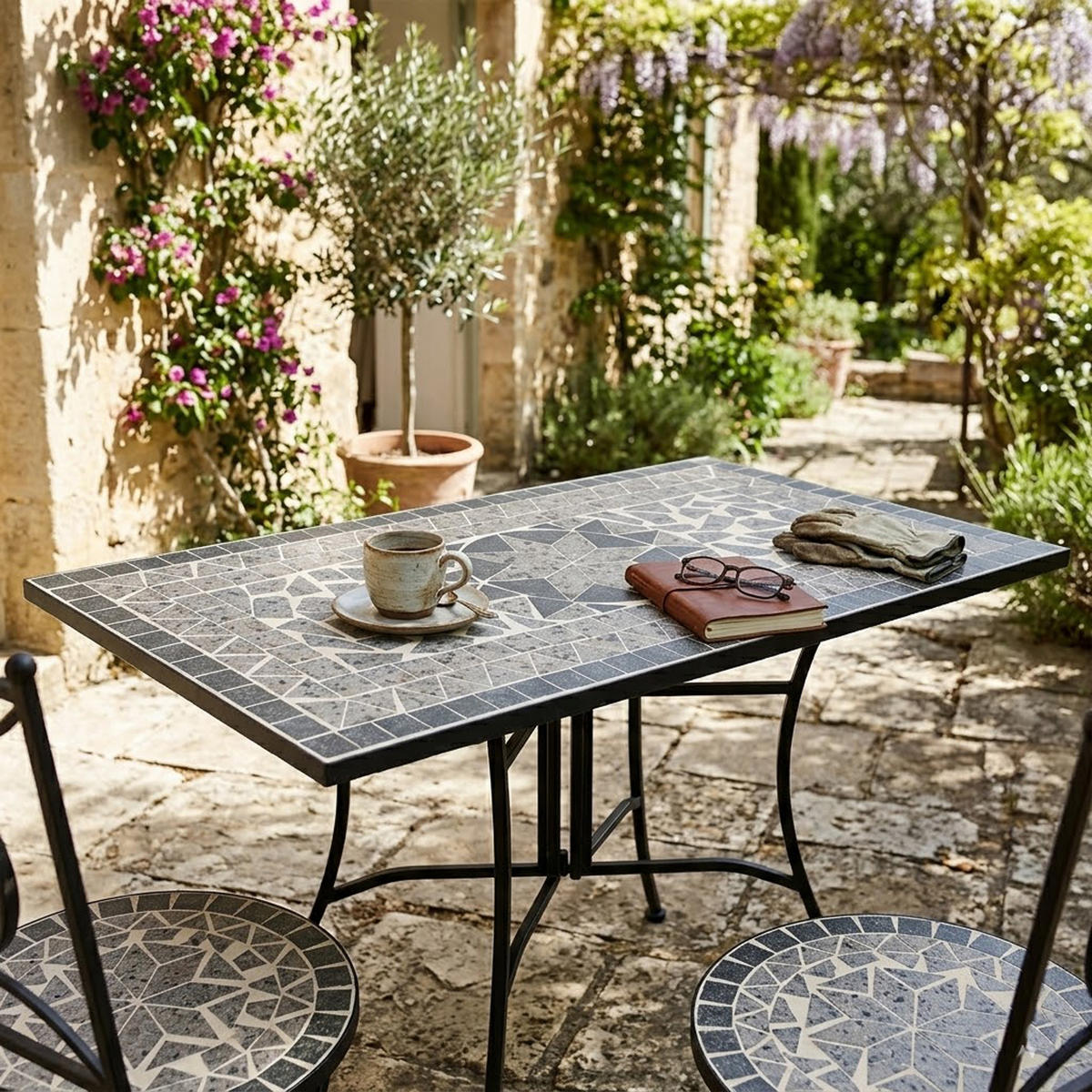 WANDTISCH Derby - rechteckiger Mosaiktisch in grau/weiss, Gestell aus schwarz pulverbeschichtetem Eisen. - Schwarz, Metall (45/90/75cm) - TPFGarden