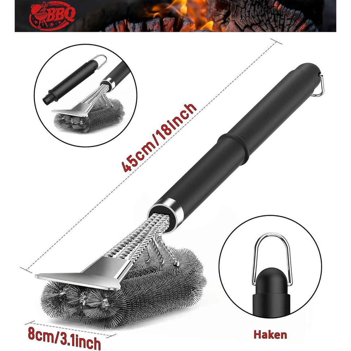 GRILLBÜRSTE mit Schaber Edelstahl und PP Griff - Schwarz, Metall (15/10/35cm)