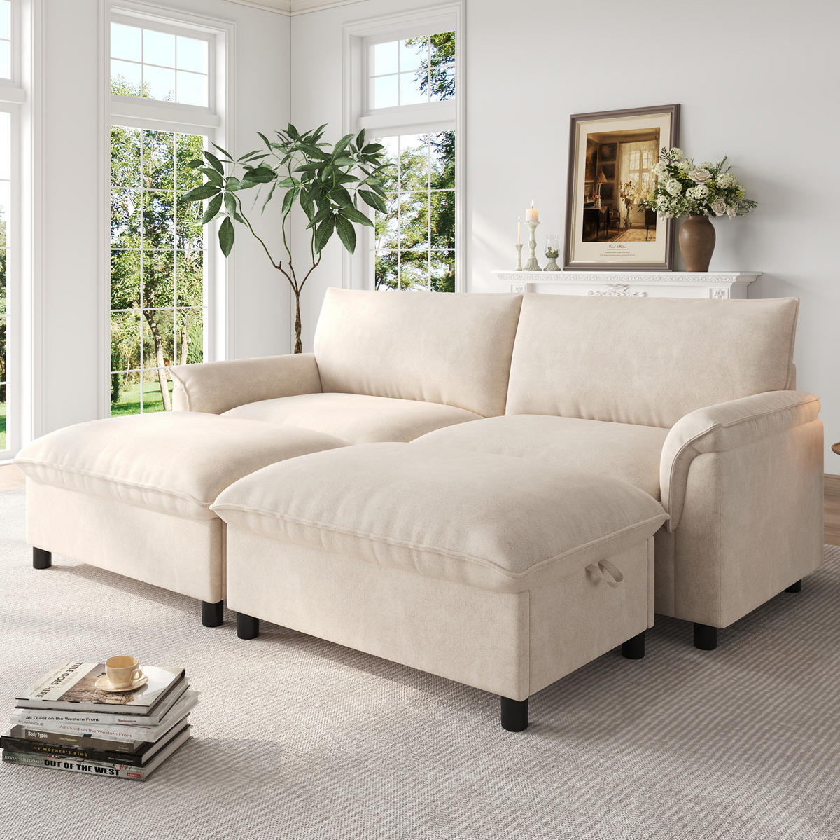 ECKSOFA 216/77/82 cm mit Schlaffunktion, beweglichem Fußhocker und Stauraum aus Chenille, Beige - Beige, Textil (216/77cm) - Redom