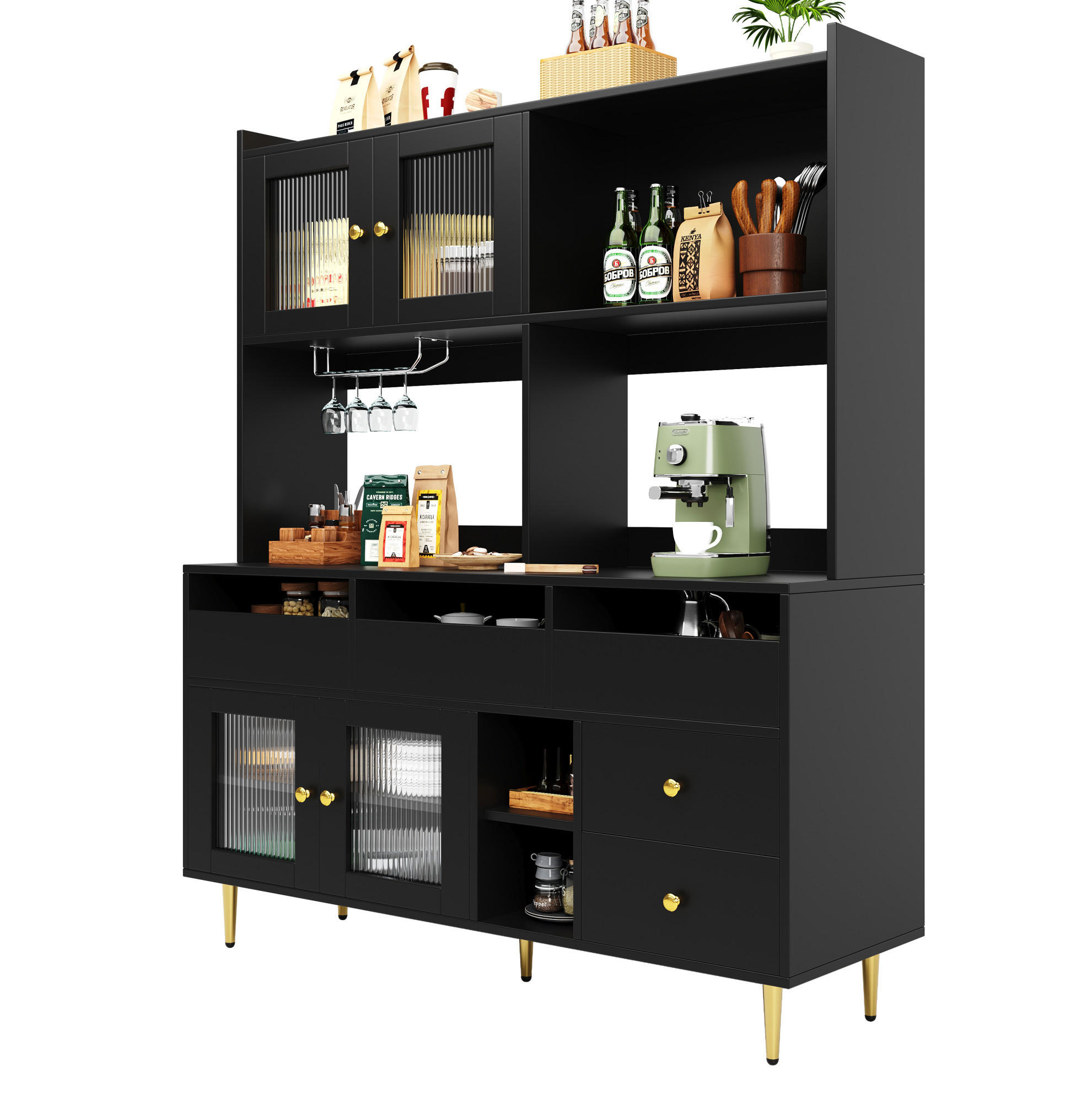 ANRICHTE Esszimmer-Hochschrank 145/39/171 cm aus MDF mit Changhong-Glastüren und Weinregal Schwarz - Schwarz, Holzwerkstoff (145/171/39cm) - Modenvie