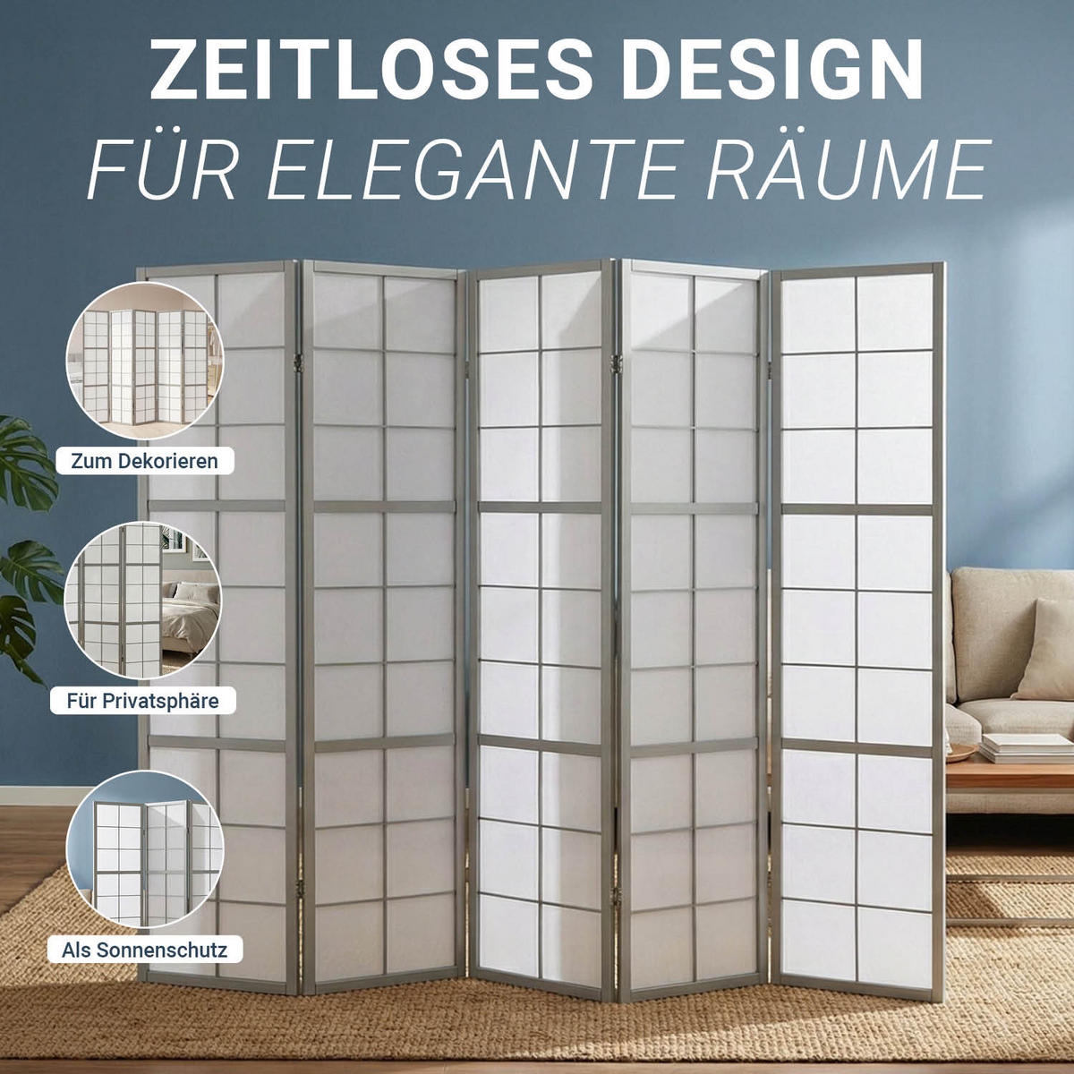 PARAVENT 5-tlg 220/179 cm Grau Holz Shoji - Grau, Holz (220/179/2cm) - Homestyle4u