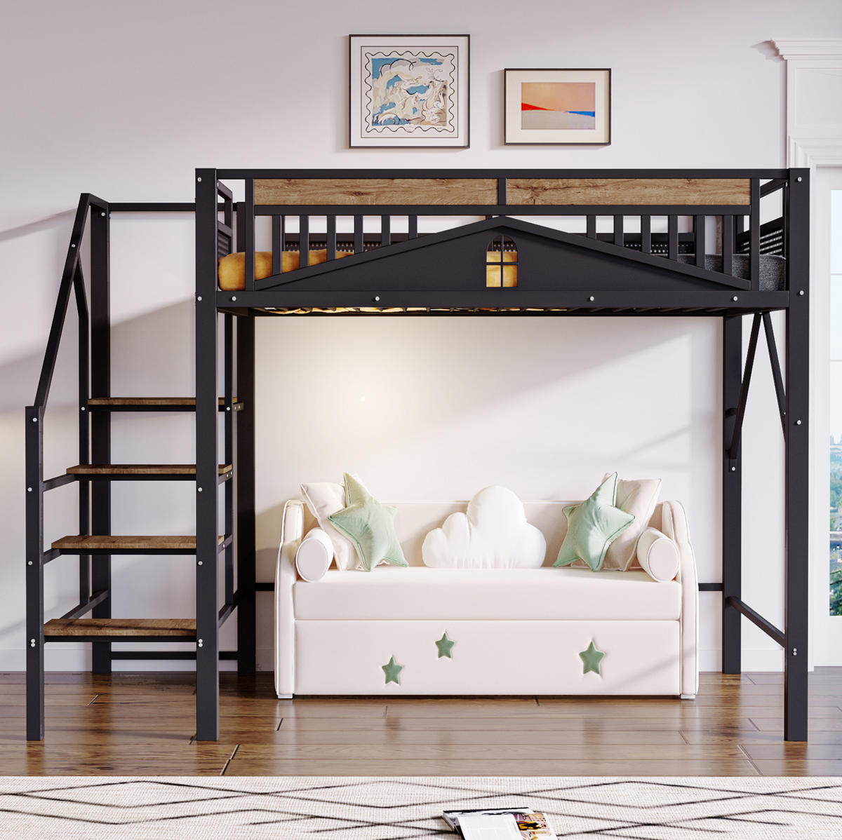 HOCHBETT 140/200 cm aus Metall/Holz mit Fensterdesign und Stauraumleiter Schwarz - Schwarz, Metall (140/200cm) - Modenvie