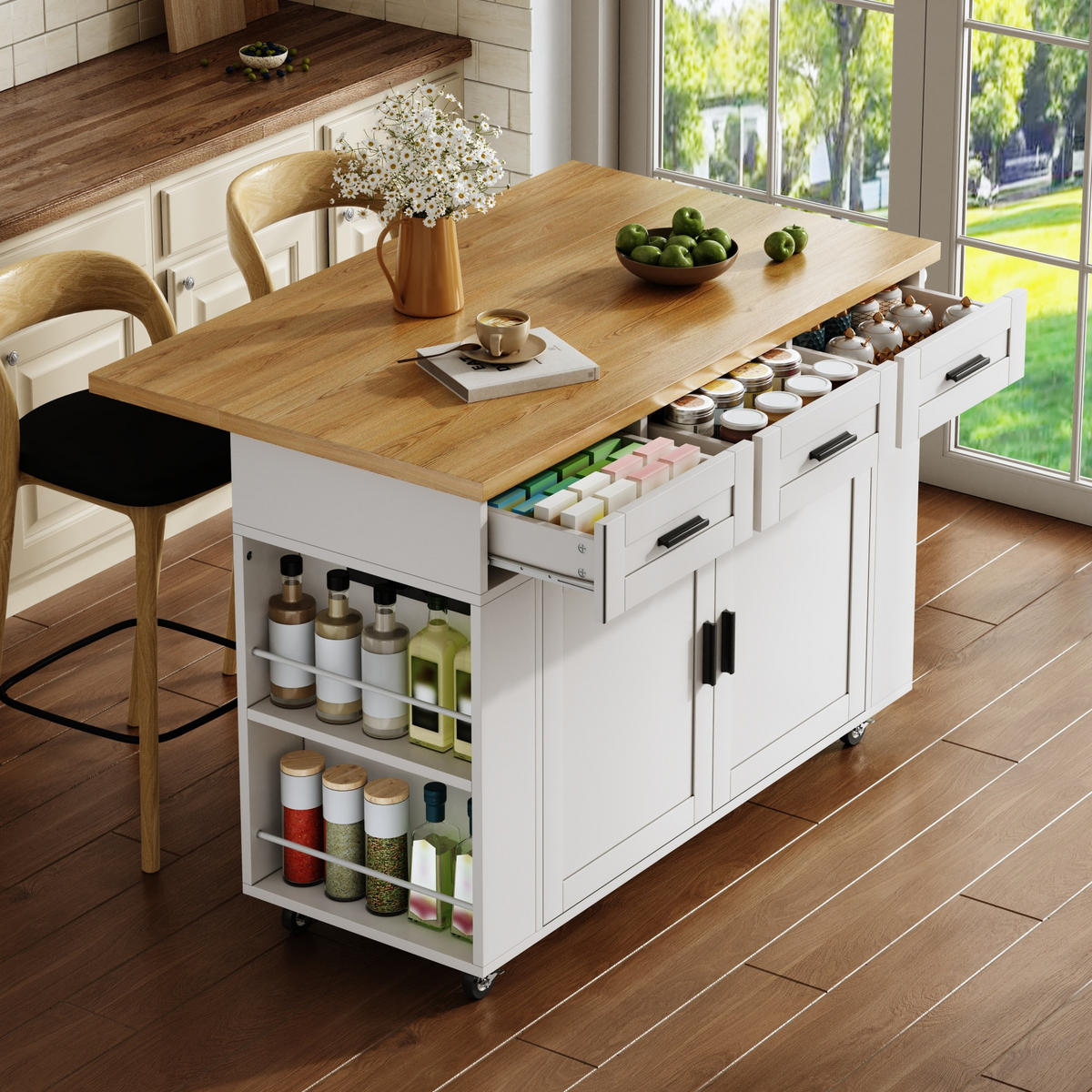 KÜCHENINSEL 84 cm MDF Natur Weiß mit Klappbarer Arbeitsplatte und USB-Steckdose - Weiß, Holzwerkstoff (70/84/120cm) - Korfee
