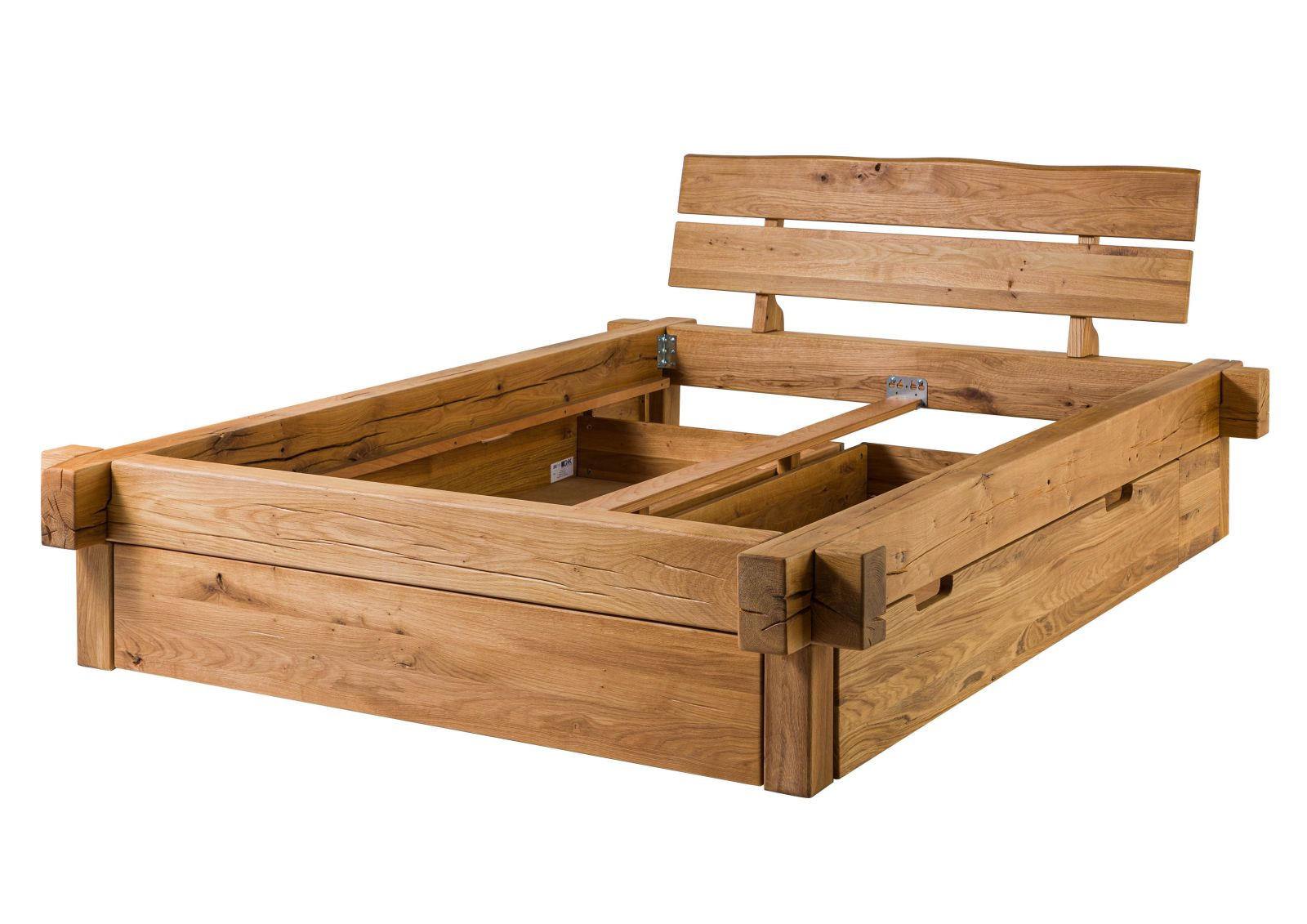 BETT mit Schublade Massivholz Wildeiche 140 x 200 x 85 natur BALKENMÖBEL #127 - Naturfarben, Holz (140/200cm) - Massivmoebel24
