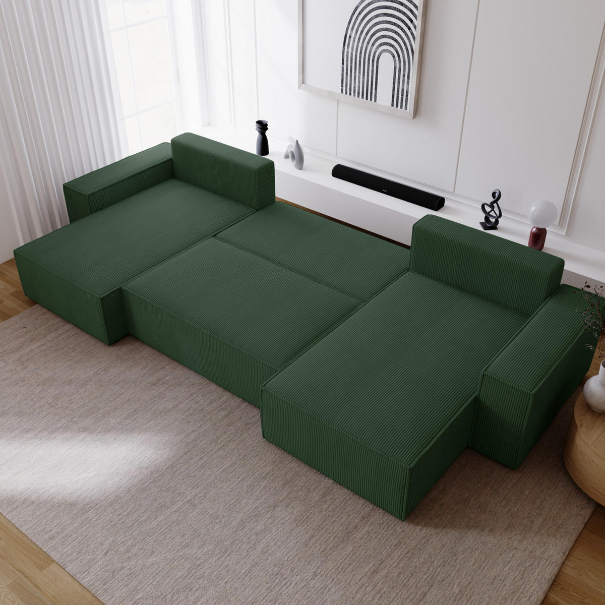 ECKSOFA U 380 cm Bergamo mit Schlaffunktion, Cordstoff, Grün - Grün, Holz (377/189cm) - Emporius