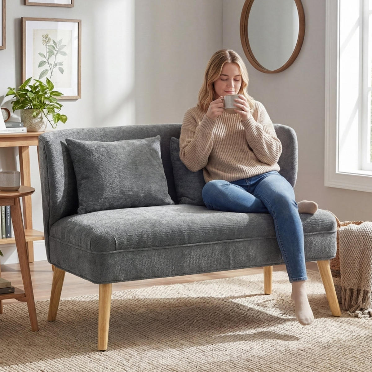 2-SITZER-SOFA aus Kautschukholz 117x65x78,5 cm in Grau mit Chenille-Bezug - Grau, Textil (65/78.5/117cm) - Modfu