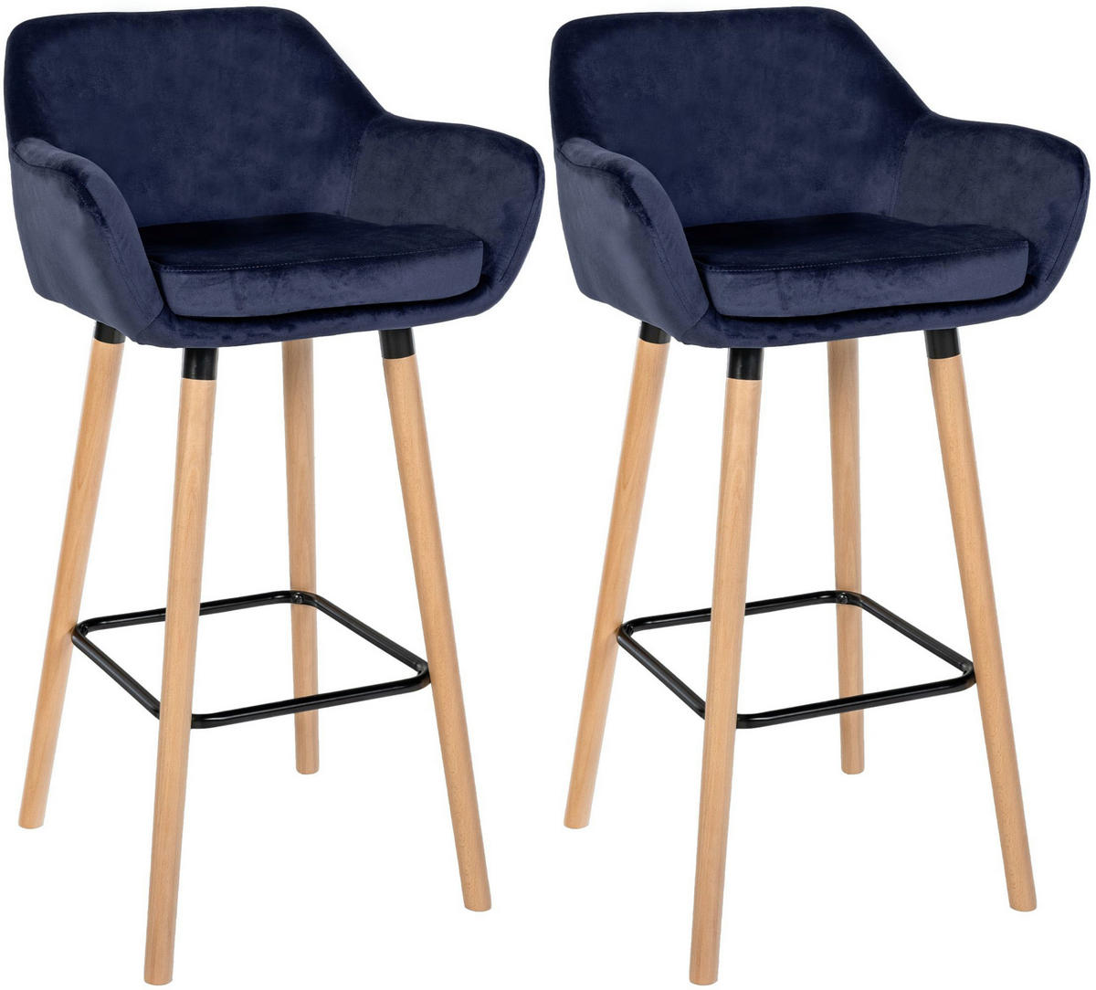 BARHOCKER 2er Set Samt Dunkelblau - Eukalyptusholzfarben/Dunkelblau, Holz/Textil (55/99/46cm) - CLP
