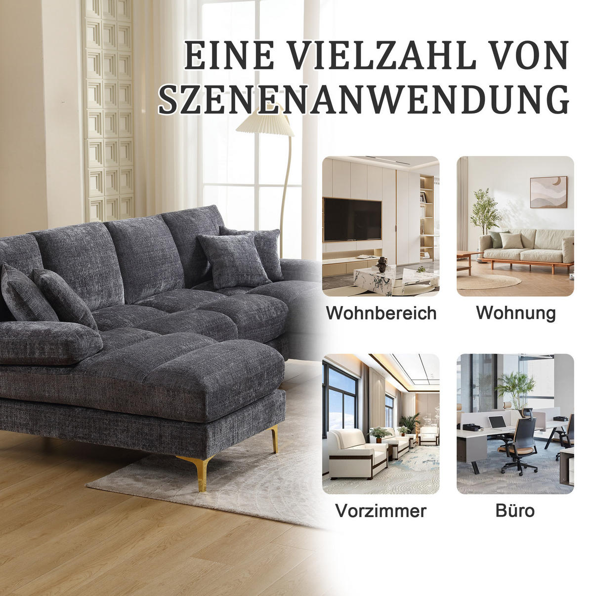 SEDACIA zostava zo ženilky, 272/136/88 cm sivá, tvar U s 2 leňoškami - sivá, textil (136/88/272cm) - BEAOK