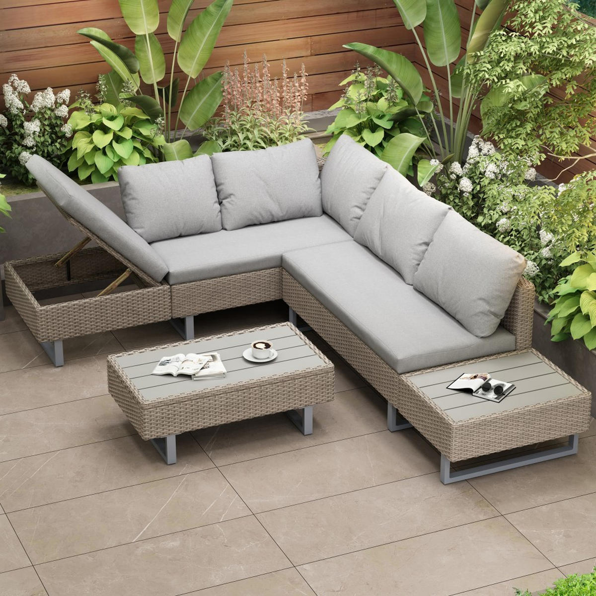 LOUNGEGARNITUR für 4-5 Personen mit Ecksofa，Farbe Khaki - Cappuccino, Textil - KOMHTOM