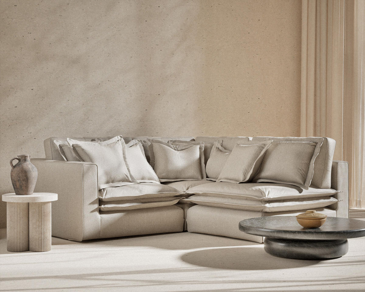 ECKSOFA Amalfi Beige Webstoff - Beige/Schwarz, Holz/Holzwerkstoff (238/222cm) - Maison de Reve