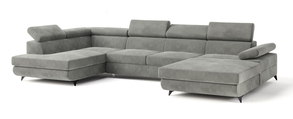 WOHNLANDSCHAFT RUBANO L-S Hellgrau Velours-Stoff mit Schlaffunktion - Hellgrau, Holz (339/89/190cm) - MASSENO