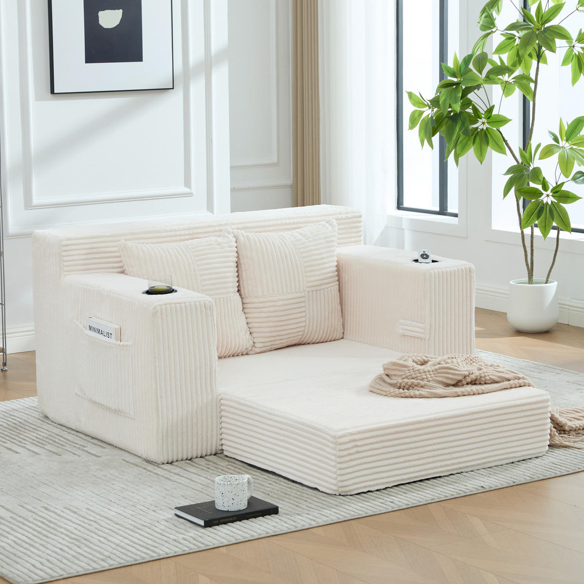 SCHLAFSOFA 2-in-1 mit Hocker, 2 Kissen und Becherhalter, DE-42913, Beige - Beige, Textil (133/64/87cm) - ComfortXL