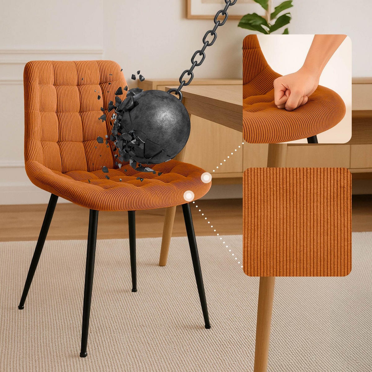 ESSZIMMERSTUHL Cord Orange - Schwarz/Orange, Textil/Metall (52/83/58cm) - CLP