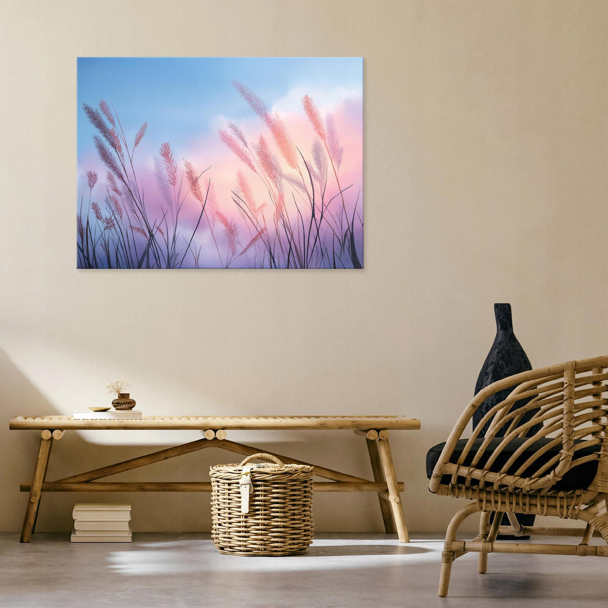 LEINWANDBILD Pampasgras Natur Rosa 120x80 cm - Multicolor, Holzwerkstoff (120/80cm) - Wallarena