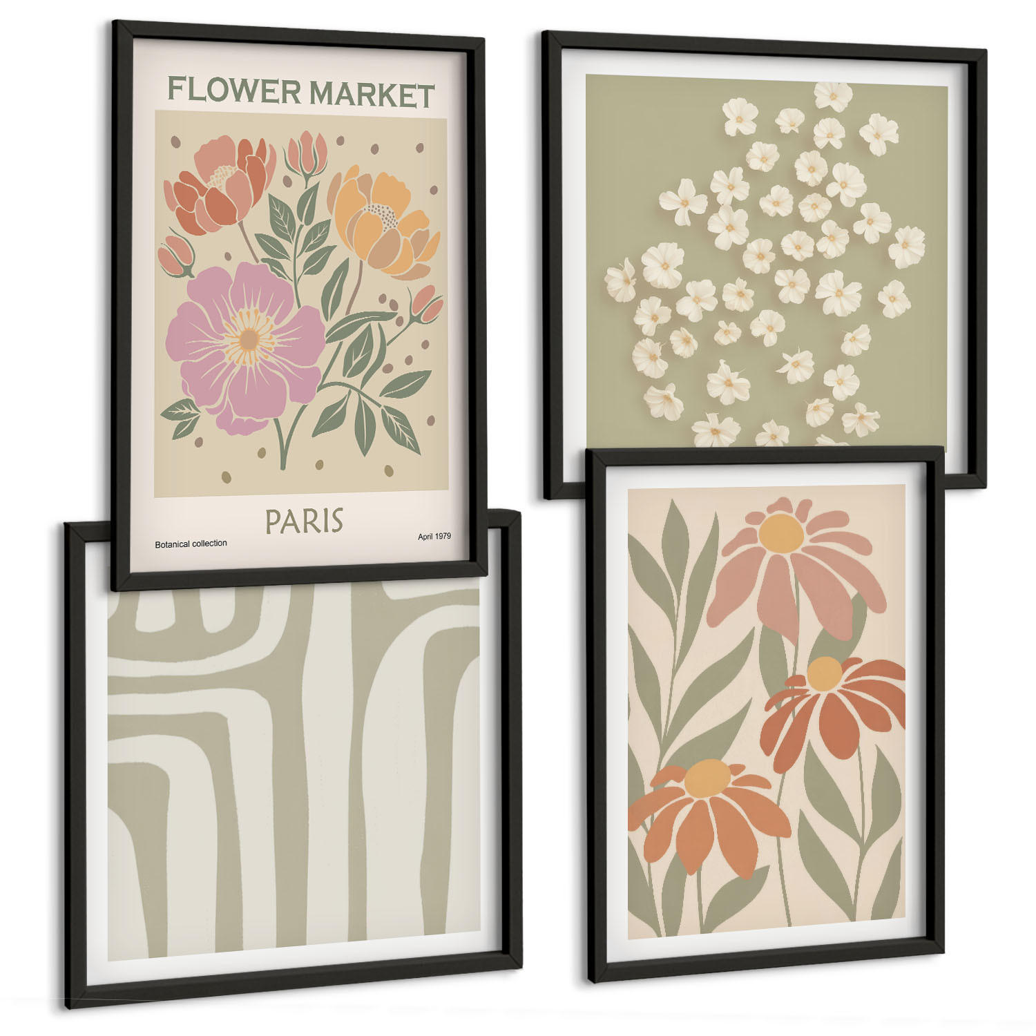 BILDER SET 4er Set - 50x50 cm & 40x60 cm Schwarzer Rahmen - Botanische Motive, Pariser Minimalismus - Schwarz, Kunststoff (50/50cm) - TULUP