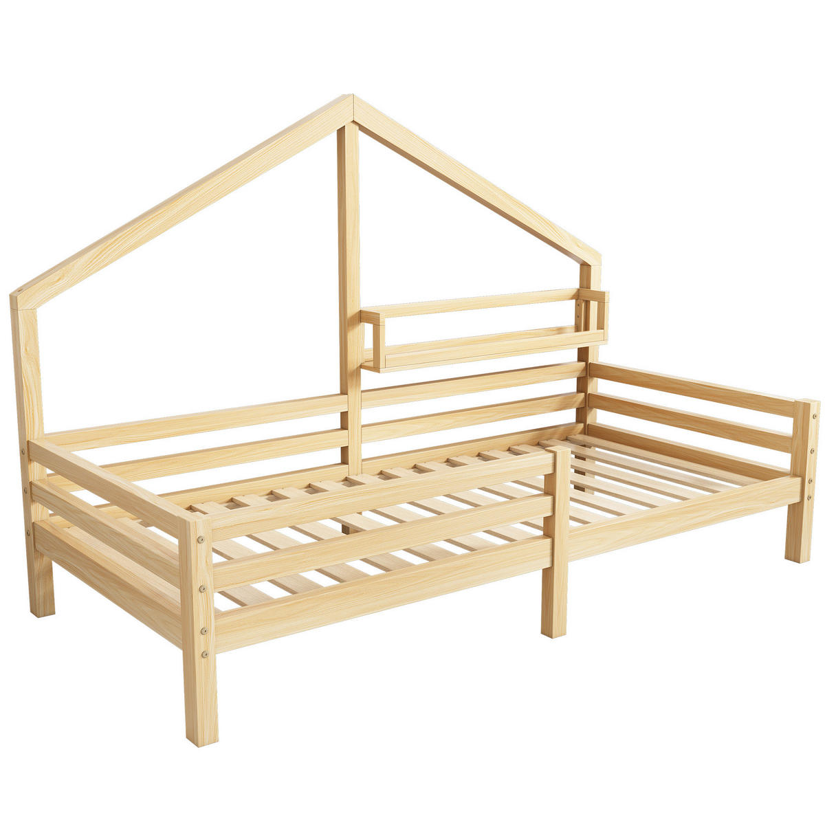 HAUSBETT 90/200 cm Natur aus Kiefernholz mit Ablageregal - Naturfarben, Holzwerkstoff (90/200cm) - OKMYHOME