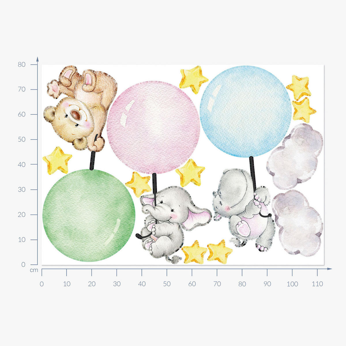WANDAUFKLEBER 80x113cm - Tiere mit Luftballons - Multicolor, Kunststoff (80/113/0.1cm) - Wallfluent
