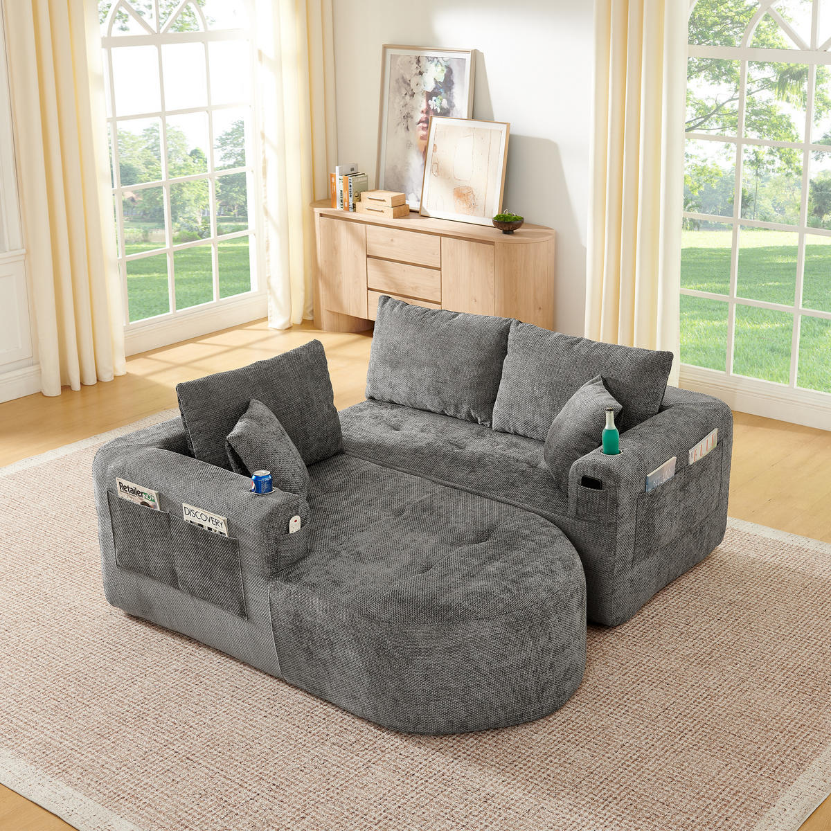 ECKSOFA 255/171/64 cm Grau Leinen mit 2 Getränkehalter - Grau, Textil (255/171cm) - Oxeza