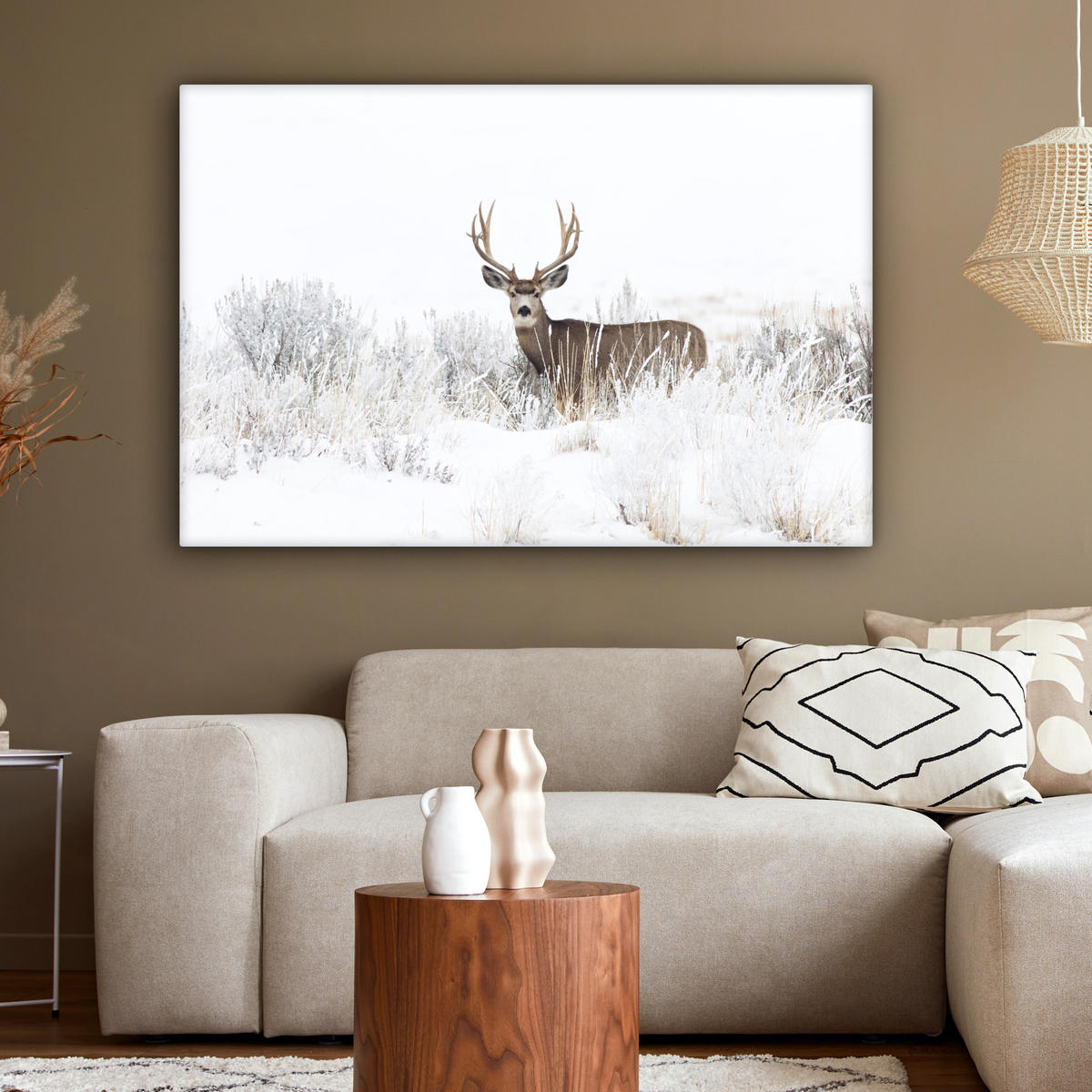 LEINWANDBILD Hirsche - Winter - Schnee - Tiere - Jahreszeiten - Weiß XXL 150x100 cm - Hellbraun, Textil (150/100cm) - MuchoWow