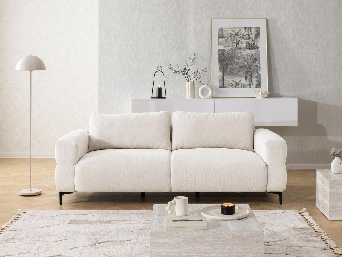3-SITZER-SOFA Cardea in Bubble-Optik aus weichem Creme Strukturstoff mit hohem Sitzkomfort - Creme/Schwarz, Holz/Textil (217/80/97cm) - S-Style Möbel