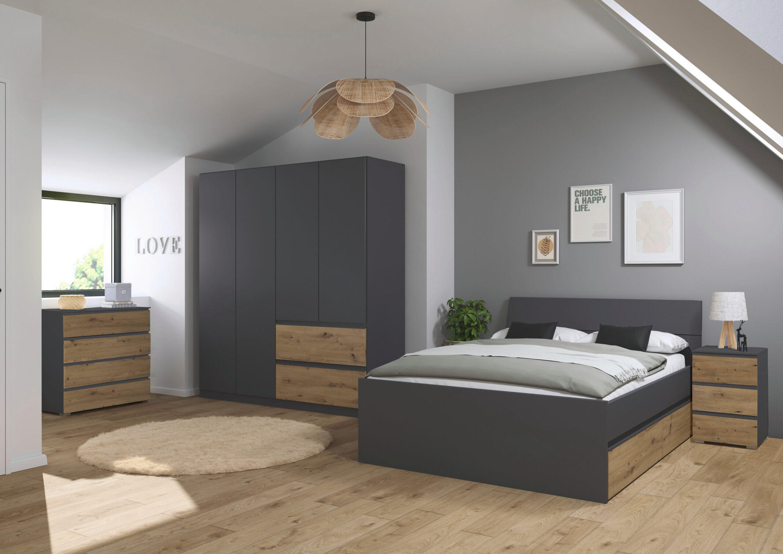 JUGENDZIMMER Joel in Grau Metallic und Artisan Eiche 4 teilig – mit 4türigem Kleiderschrank ohne Spiegel, 140er Jugendbett, Nachttisch und Kommode - Grau, Holzwerkstoff (80/200/120cm)