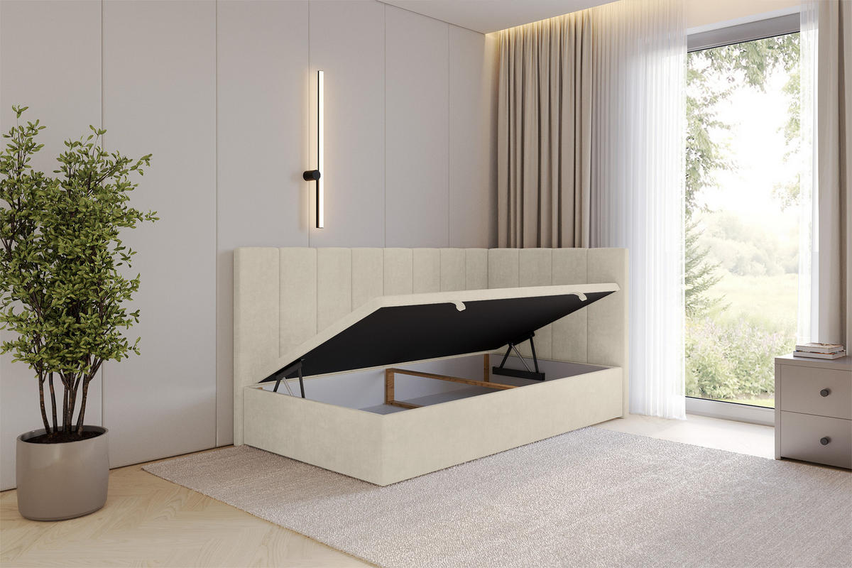 EINZELBETT Jugendbett mit Bettkasten Links, ohne Matratze - LOVY 90x200 Beige - Cappuccino, Holzwerkstoff/Textil (90/200cm) - ALTDECOR