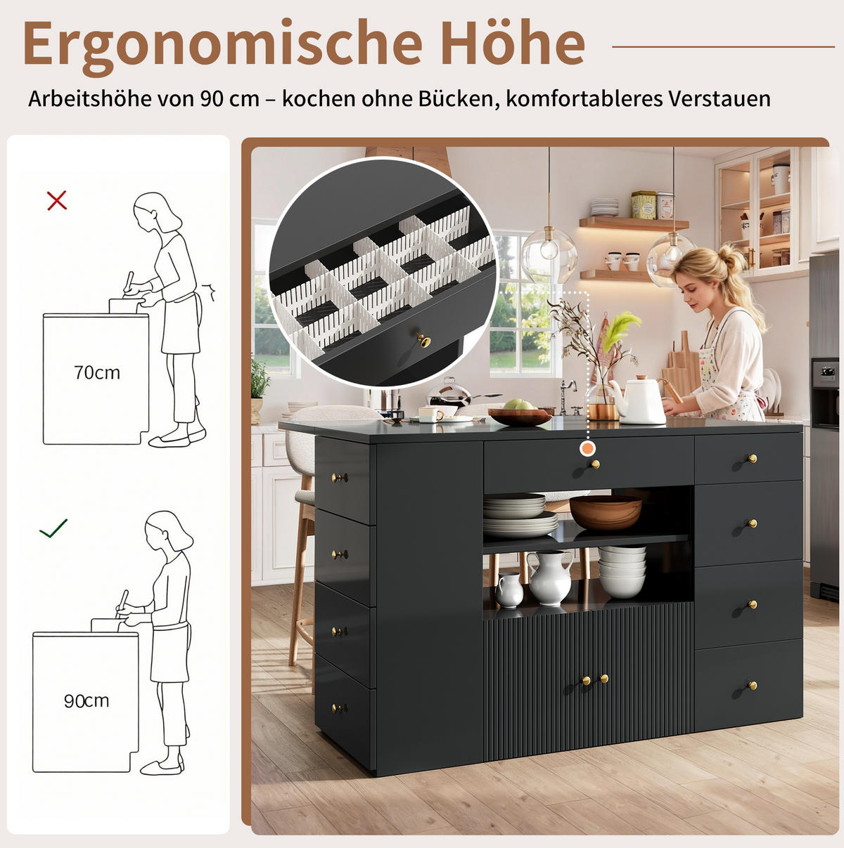KÜCHENINSEL aus MDF mit 6 Schubladen & Hocker, 140/40(70)/89 cm, Schwarz - Schwarz, Holzwerkstoff (40/89/140cm) - Redom