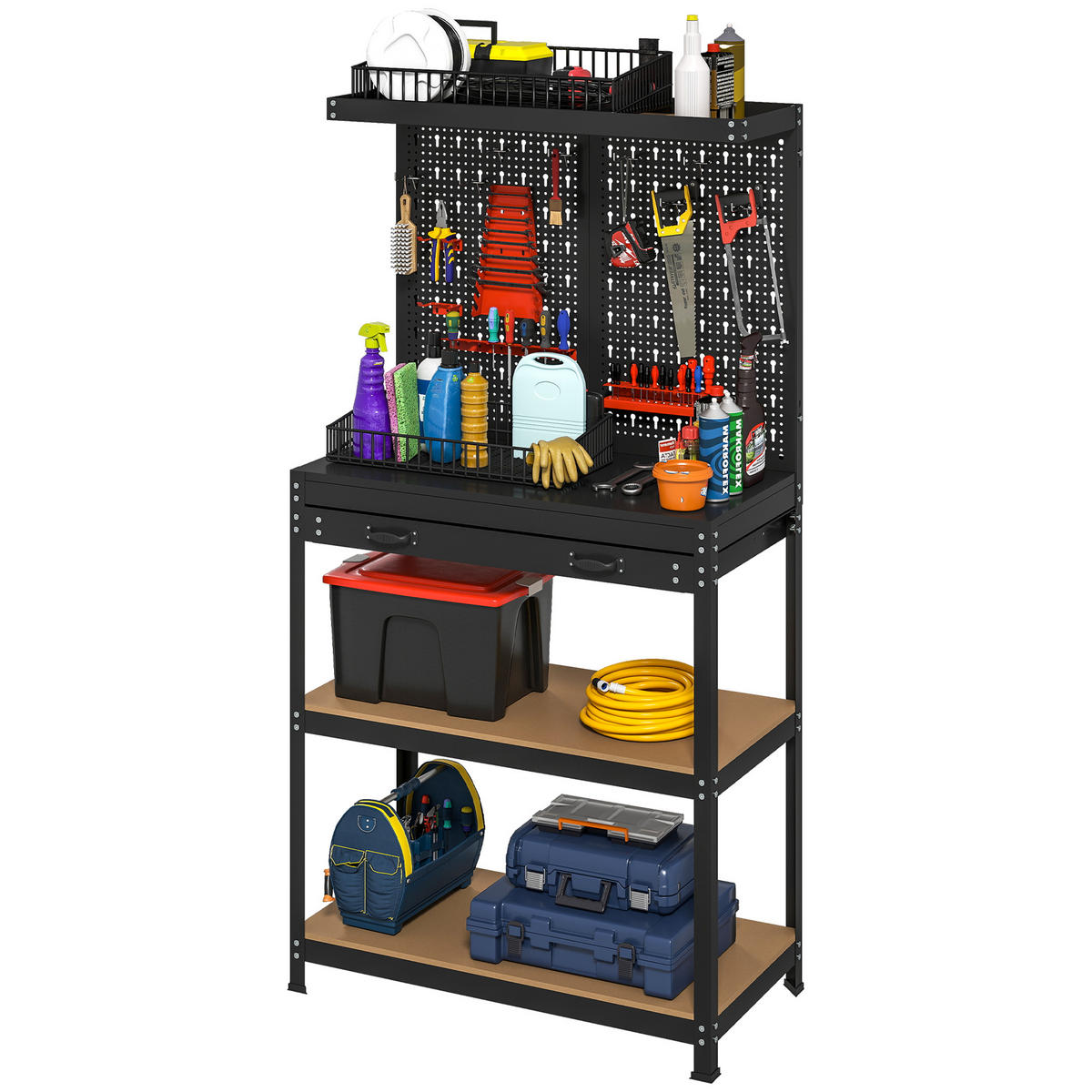 WERKBANK DE-18501 mit Lochwand, 2 Regalen & Schublade Schwarz - Schwarz, Metall (40/155/80cm) - ComfortXL