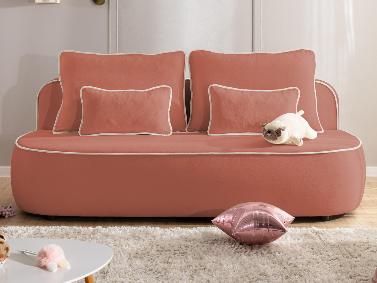 KINDERSOFA Vero im modernen und abgerundeten Design mit Schlaffunktion und Bettkasten aus Rosa Plüschstoff mit hellgrauer Paspel - Hellgrau/Schwarz, Holz/Kunststoff (210/90/98cm) - S-Style Möbel
