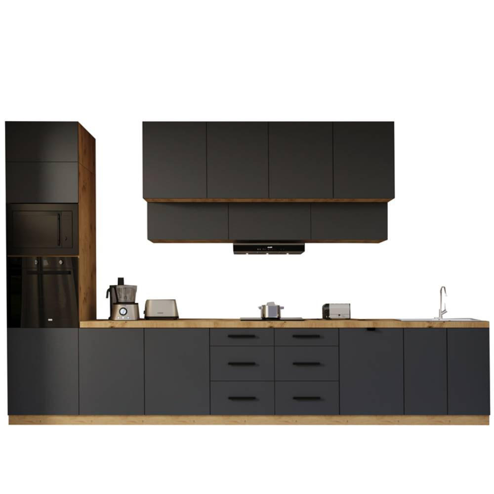 KÜCHENZEILE 440 cm - Langen KL8-M440 in Grau/Matt - Schwarz/Grau, Holz/Metall (440/248/58cm)