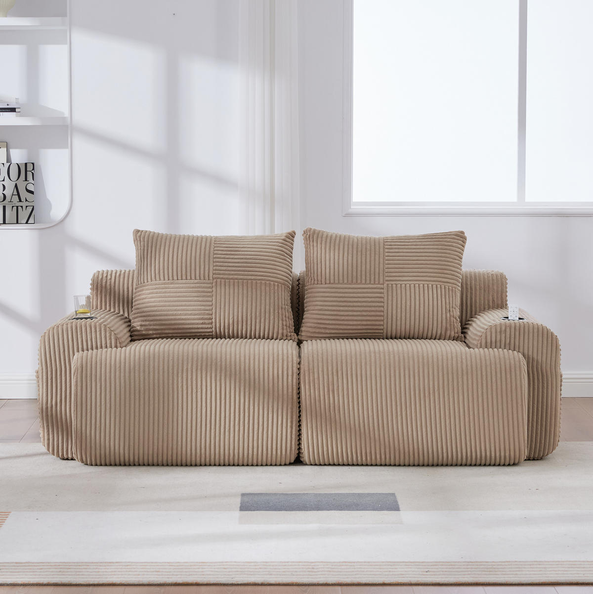 2-SITZER Sofa Cord mit Getränkehalter und Seitentasche 200/99/80 cm Sandfarben - Sandfarben, Textil (99/80/200cm) - Redom