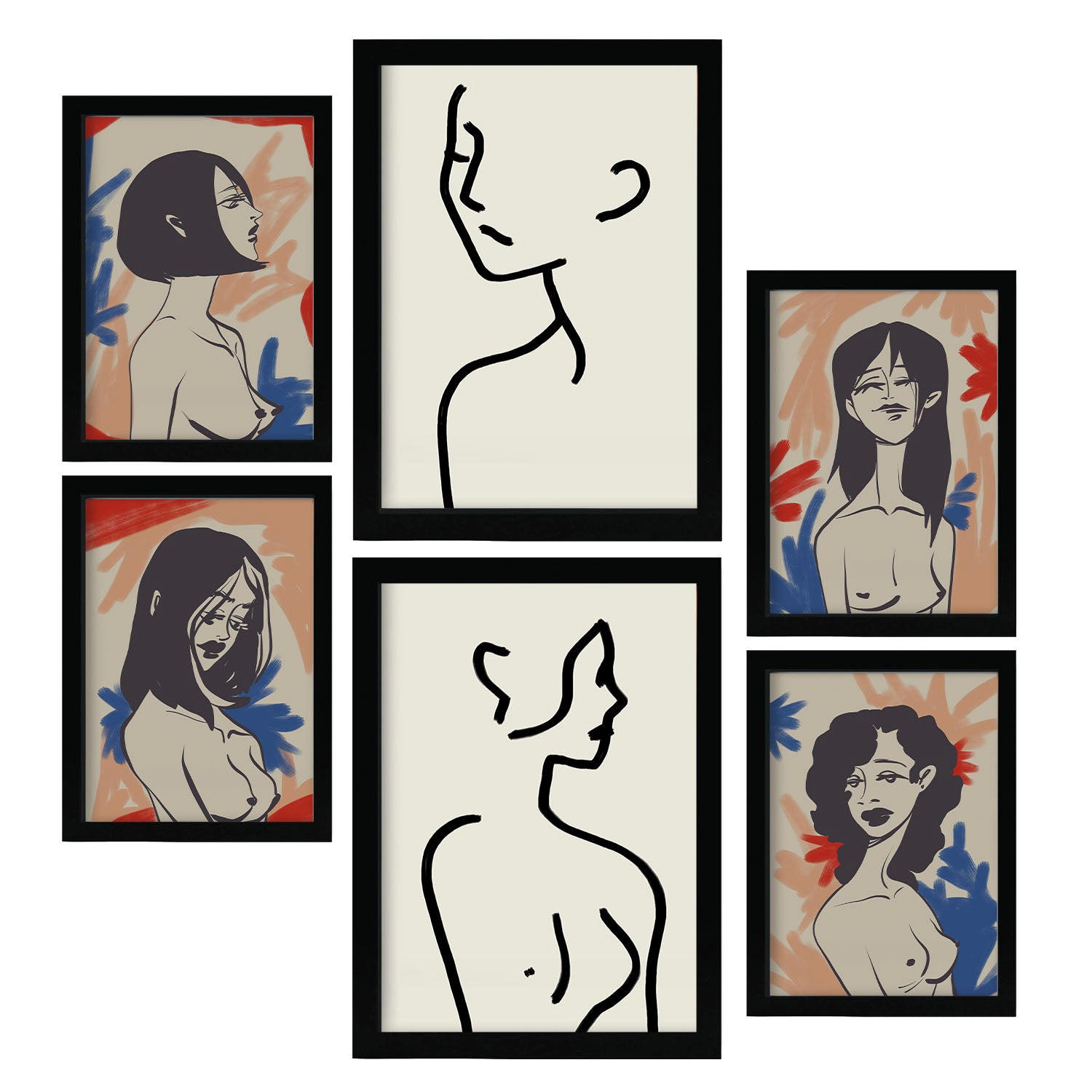 POSTER Set Mit 6 Körperkörper In Weibliche Zusammenfassung A3 & A4 Schwarzer Rahmen - Schwarz, Papier (29/3cm) - Nacnic