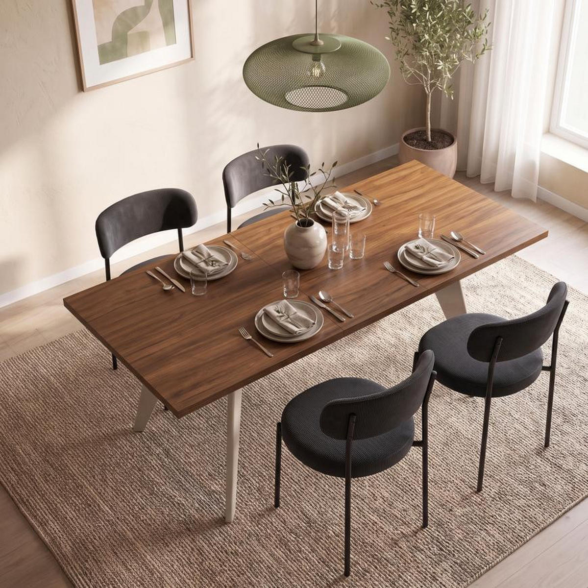 ESSTISCH ausziehbar 140/180cm Metallbeine Beige und Tischplatte Nussbaum-Optik Meloe - Beige/Nussbaumfarben, Holzwerkstoff/Metall (90/140/76cm) - Sicaan