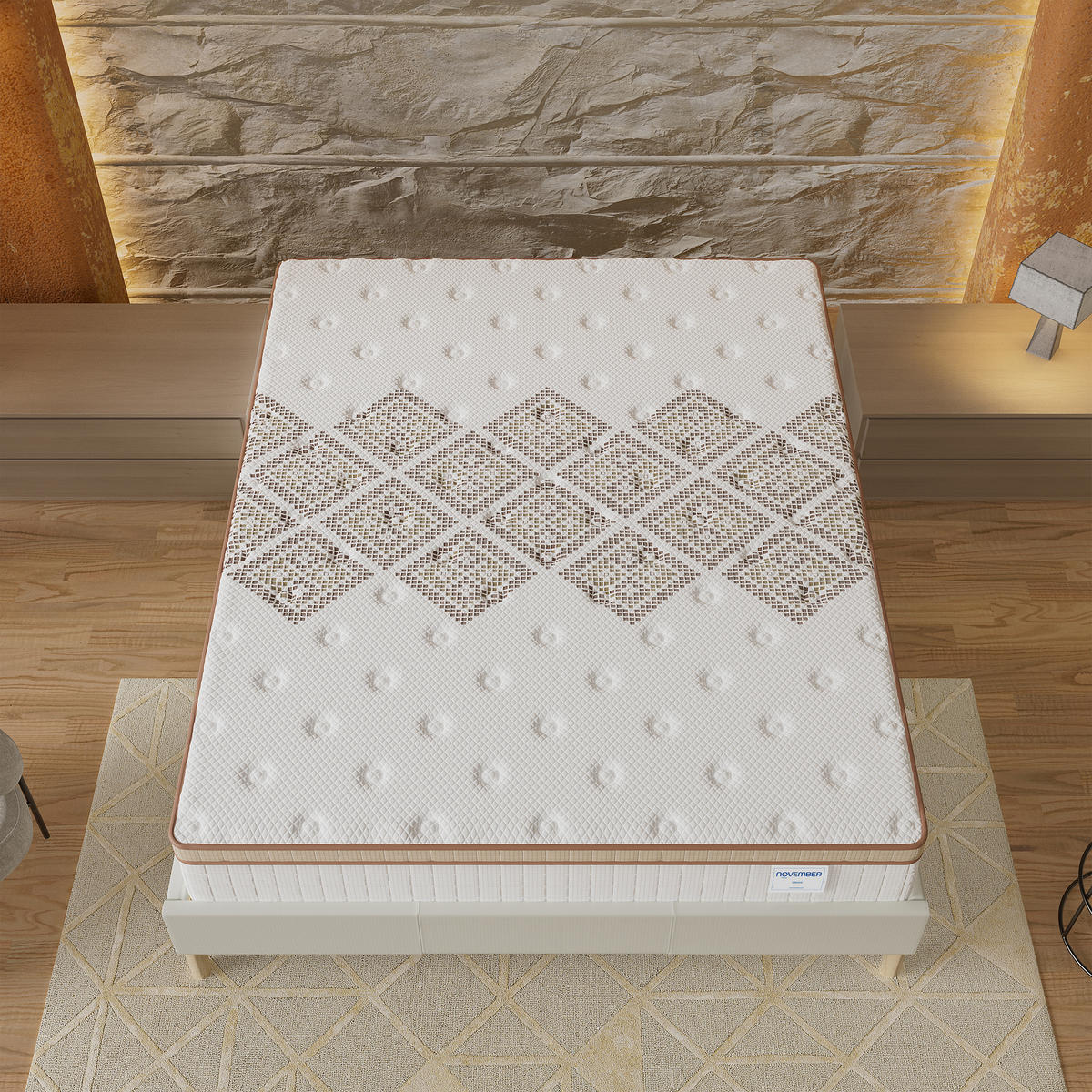 BETT und MATRATZE - 160 x 200 cm - Taschenfederkern - 28cm dick - Weiß, Naturmaterialien/Eichenholz (160/200cm) - November Sleep