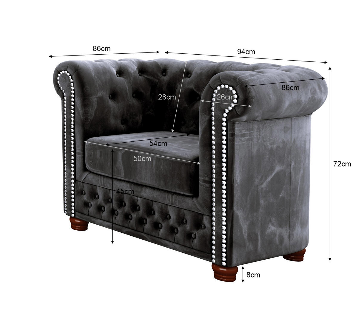 SITZGARNITUR 3+2+1 Chesterfield Lauren Schwarz Samt - Schwarz/Braun, Holz/Textil (203/72/86cm) - S-Style Möbel