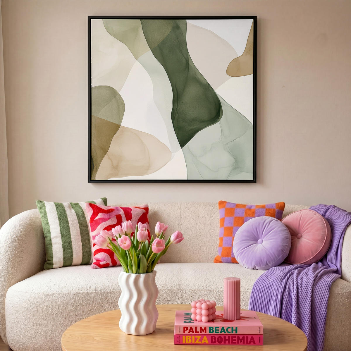 LEINWAND Bilder mit Rahmen - Japandi - Abstrakt - Grün - 90x90 - Salbeigrün, Textil (90/90cm) - MuchoWow