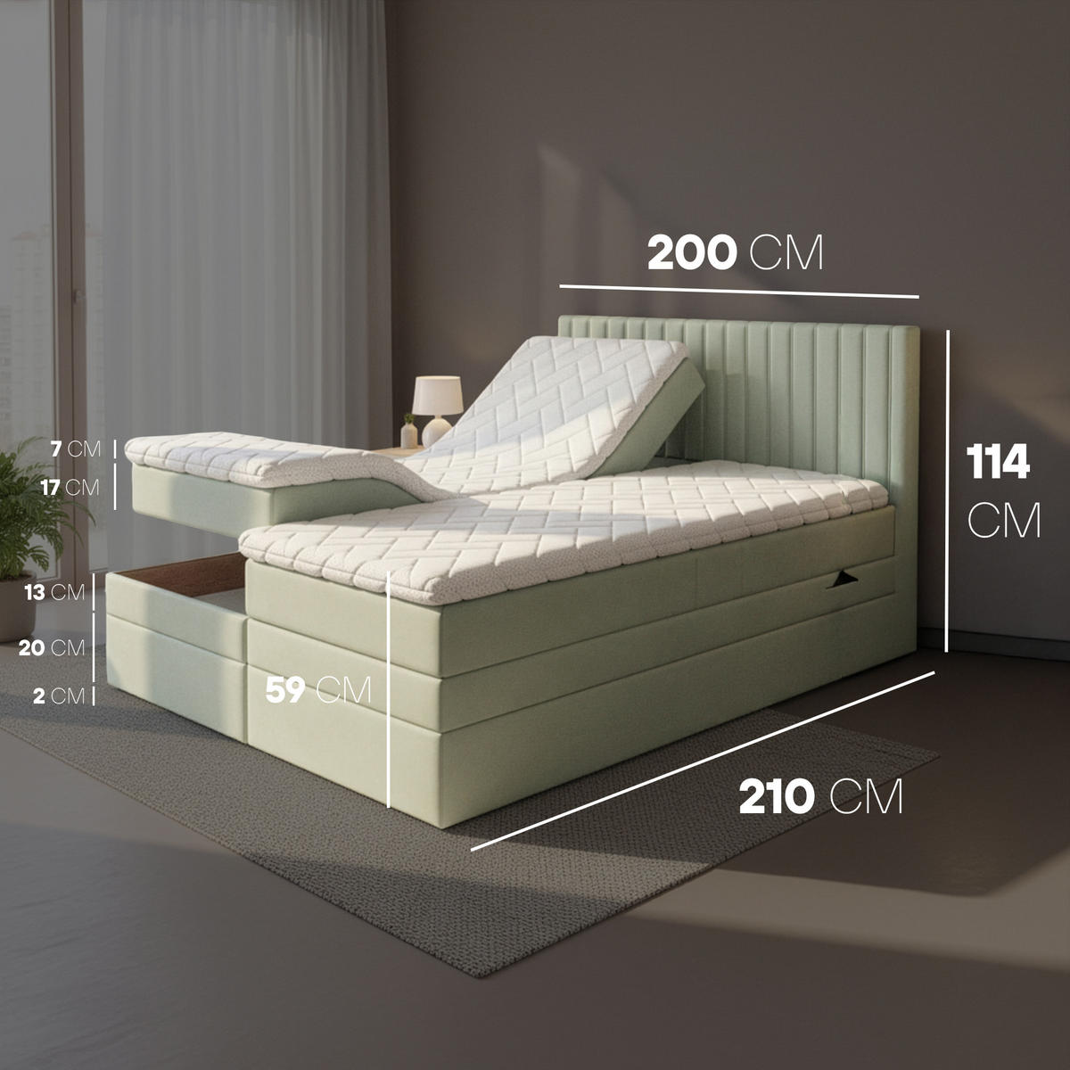 BOXSPRINGBETT ADÈLE 200x200 cm - elektrische Bett mit Matratze + Tooper und Bettkasten - Beige - 200x200 cm - Beige, Textil (200/200cm) - Trada