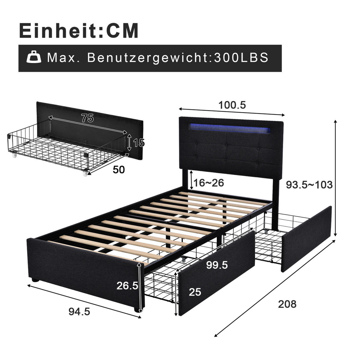 ČALÚNENÁ posteľ s LED osvetlením, 100,5/208/93,5–103 cm, čierna, s úložnými zásuvkami - čierna, textil (90/200cm) - BEAOK