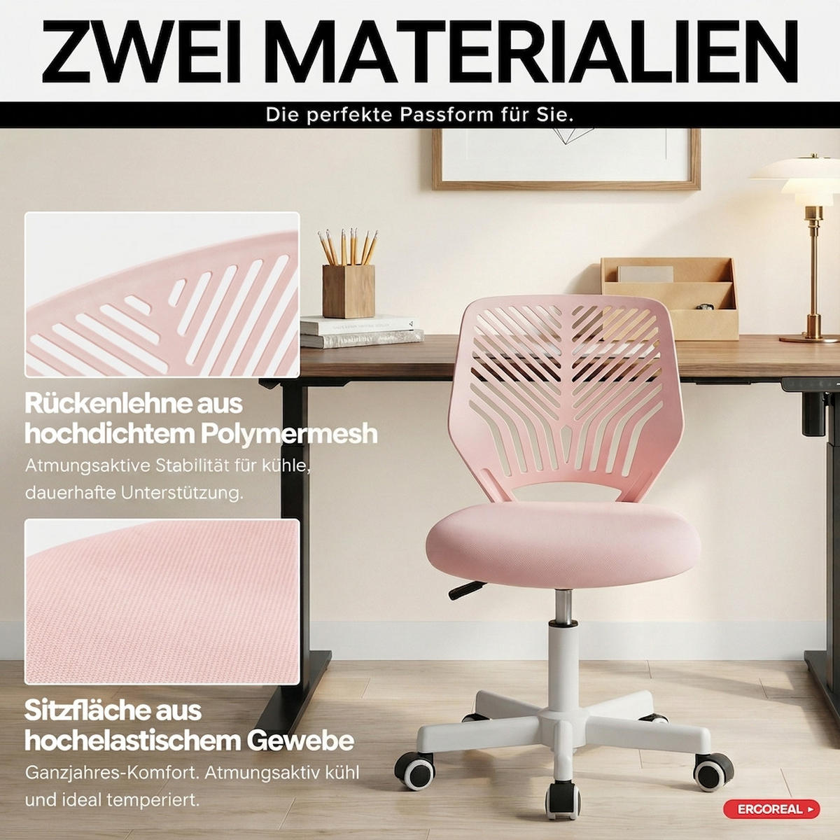 DREHSTUHL Rosa mit Rollen und Höhenverstellung - Rosa, Kunststoff (47/87/44cm) - Oxeza